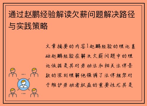 通过赵鹏经验解读欠薪问题解决路径与实践策略