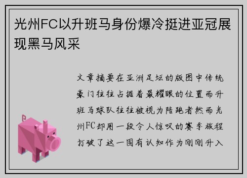 光州FC以升班马身份爆冷挺进亚冠展现黑马风采