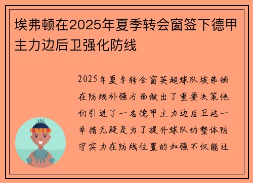 埃弗顿在2025年夏季转会窗签下德甲主力边后卫强化防线