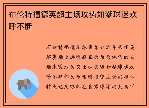 布伦特福德英超主场攻势如潮球迷欢呼不断 布伦特福德英超主场攻势如潮球迷欢呼不断